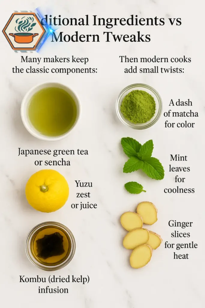 Traditional and modern ingredients for the Japanese Mounjaro recipe — from sencha and yuzu to matcha and mint. Traditional and modern ingredients for the Japanese Mounjaro recipe, including Japanese green tea, yuzu, kombu infusion, matcha, mint leaves, and ginger slices.