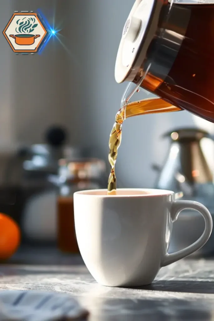 Pouring Japanese Mounjaro tea into a mug — part of the recipe’s soothing ritual and weight loss support. Close-up of Japanese Mounjaro tea being poured into a ceramic mug, illustrating the japanese mounjaro recipe.