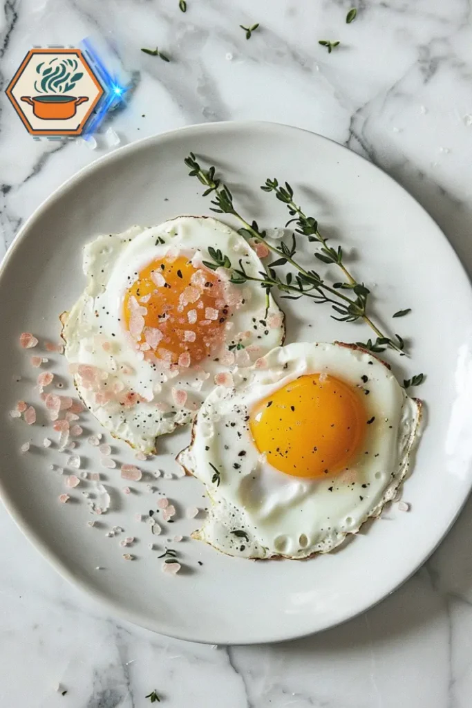 Sunny-side-up eggs sprinkled with pink Himalayan salt — a breakfast upgrade from the pink salt trick recipe. Sunny-side-up eggs on a plate, seasoned with pink Himalayan salt, showcasing the pink salt trick recipe.