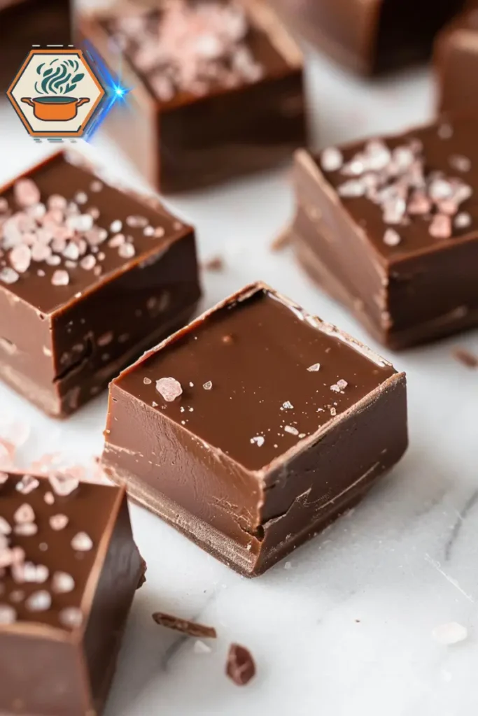 Dark chocolate fudge topped with pink Himalayan salt — a delicious example of the pink salt trick recipe. Pink Himalayan salt sprinkled over dark chocolate fudge squares for a pink salt trick recipe.
