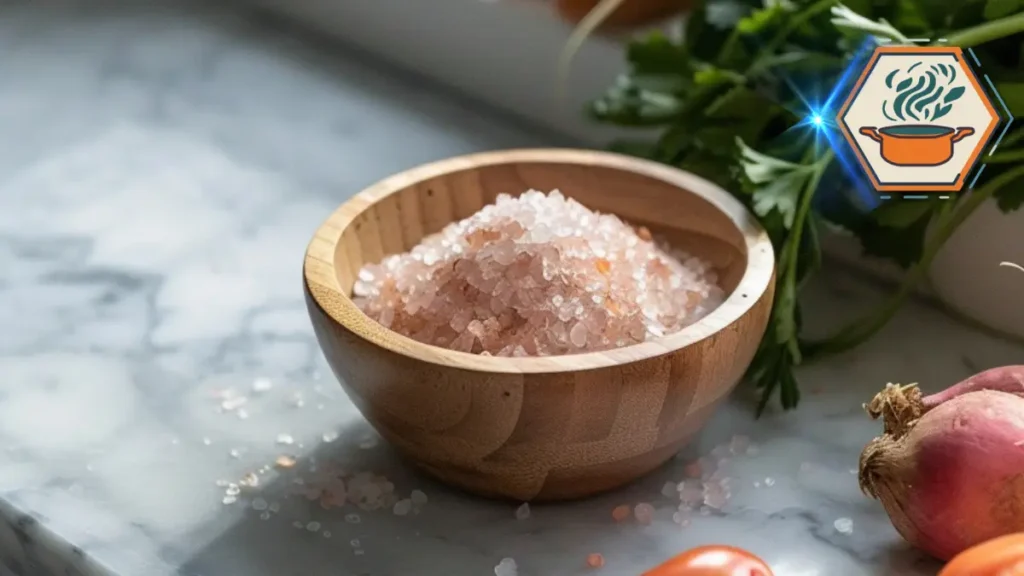 Small wooden bowl of pink Himalayan salt beside a wooden spoon for the pink salt trick recipe for smarter seasoning.
