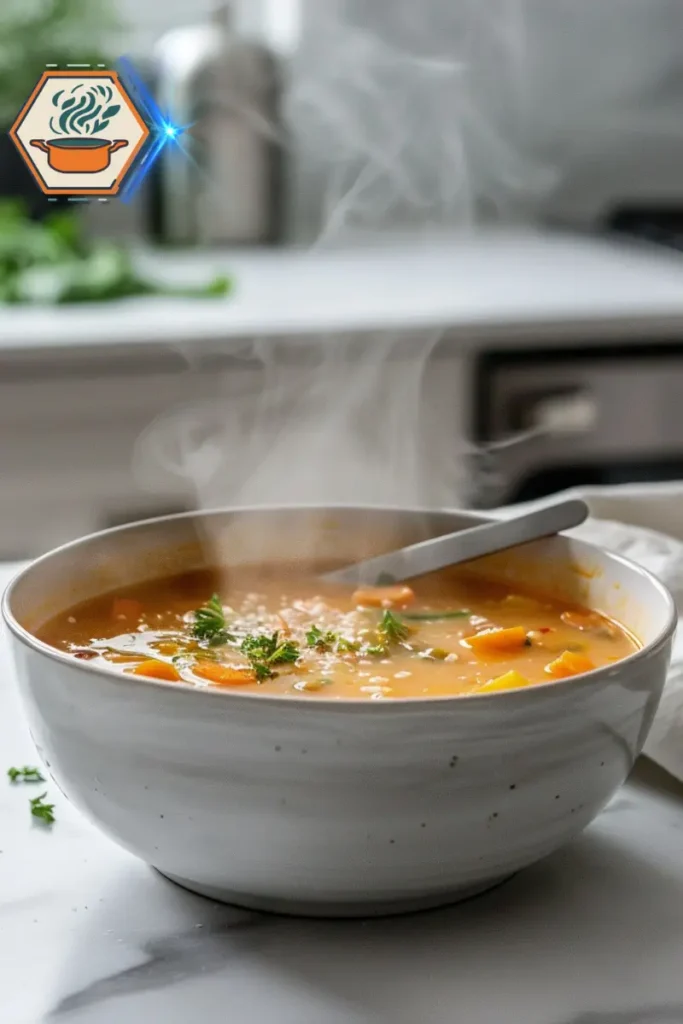 Steaming vegetable soup seasoned with pink Himalayan salt — a lunchtime favorite from the pink salt trick recipe. Steaming bowl of vegetable soup being seasoned with pink Himalayan salt for the pink salt trick recipe.