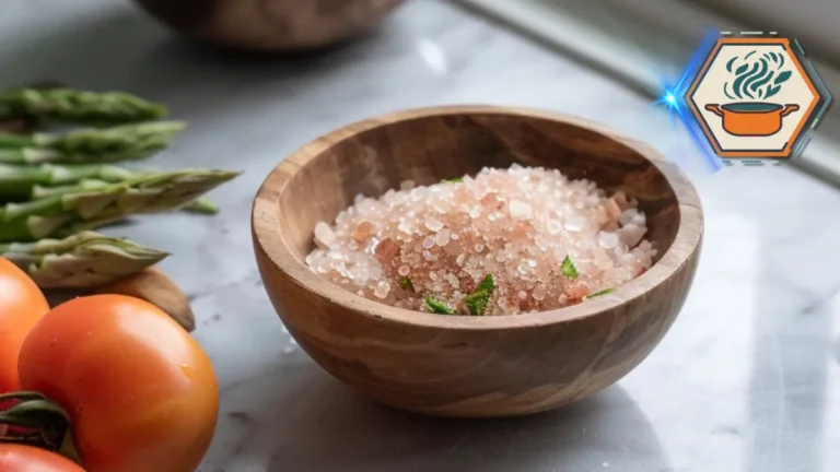 pink salt trick recipe for smarter seasoning 3 Small wooden bowl of pink Himalayan salt beside a wooden spoon for the pink salt trick recipe.