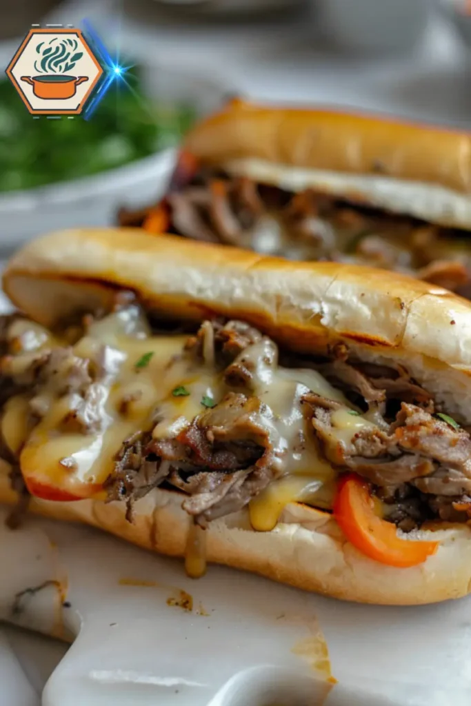 Best cheese Philly cheesesteak with melted cheese, tender beef, and peppers in a hoagie roll. A Philly cheesesteak sandwich filled with tender steak and melted cheese, capturing the complexity of flavors in the best cheese Philly cheesesteak.
