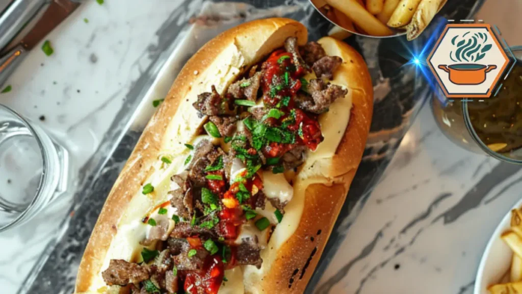 Overhead view of a gourmet Philly cheesesteak platter, showcasing the best cheese Philly cheesesteak with melted cheese, grilled steak, and artisanal presentation on an elegant serving board.