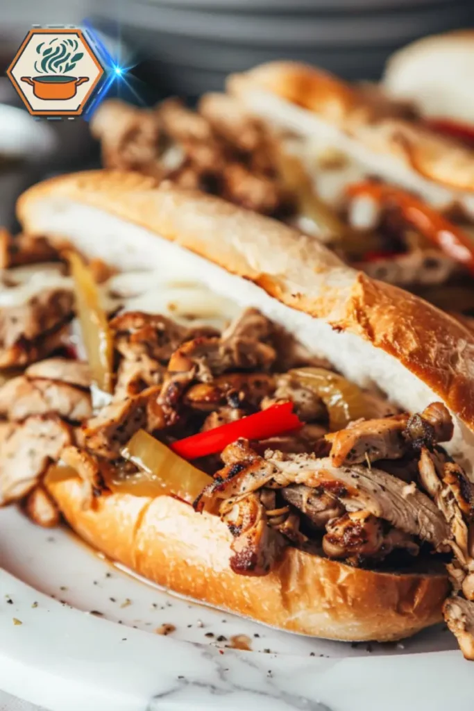 Chicken Philly Cheesesteak sandwiches with tender chicken, melted cheese, and sautéed onions on fresh hoagie rolls. Two Chicken Philly Cheesesteak sandwiches served on fresh hoagie rolls, filled with seasoned chicken, melted cheese, and sautéed onions.