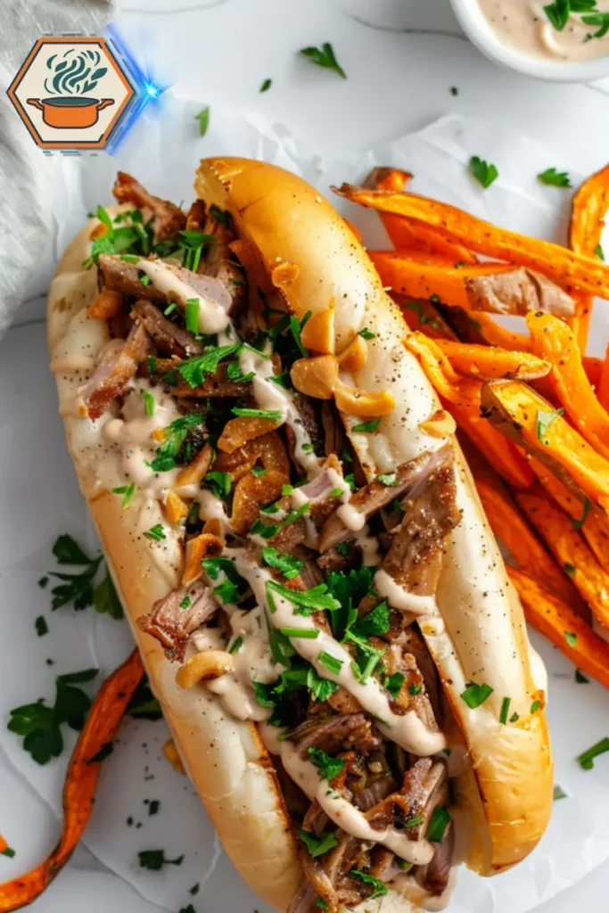 Chicken Philly Cheesesteak sandwich with melted cheese and onions, served alongside crispy sweet potato fries for a perfect flavor pairing. A Chicken Philly Cheesesteak sandwich served with crispy sweet potato fries on a white plate, featuring melted cheese and sautéed onions in a hoagie roll.
