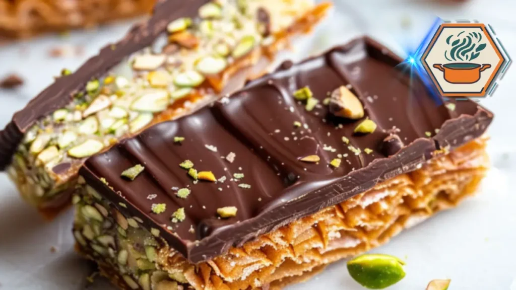 Close-up of a sliced Pistachio Kunafa Chocolate Bar, revealing the crispy kunafa layers, rich chocolate center, and crushed pistachio topping.