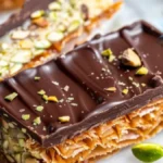 Close-up of a sliced Pistachio Kunafa Chocolate Bar, revealing the crispy kunafa layers, rich chocolate center, and crushed pistachio topping.