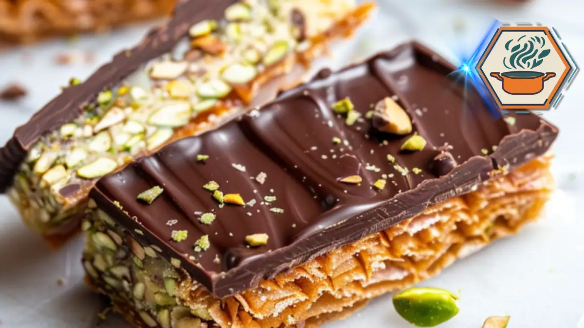 Close-up of a sliced Pistachio Kunafa Chocolate Bar, revealing the crispy kunafa layers, rich chocolate center, and crushed pistachio topping.