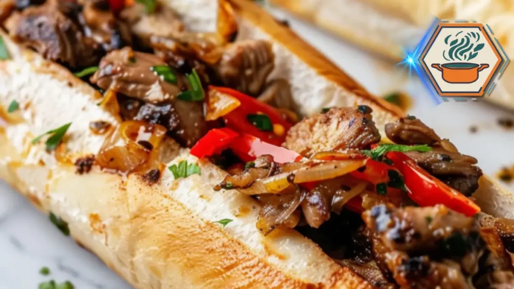 Freshly prepared Chicken Philly Cheesesteak on a toasted hoagie roll, topped with melted cheese and sautéed onions.