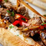 Freshly prepared Chicken Philly Cheesesteak on a toasted hoagie roll, topped with melted cheese and sautéed onions.