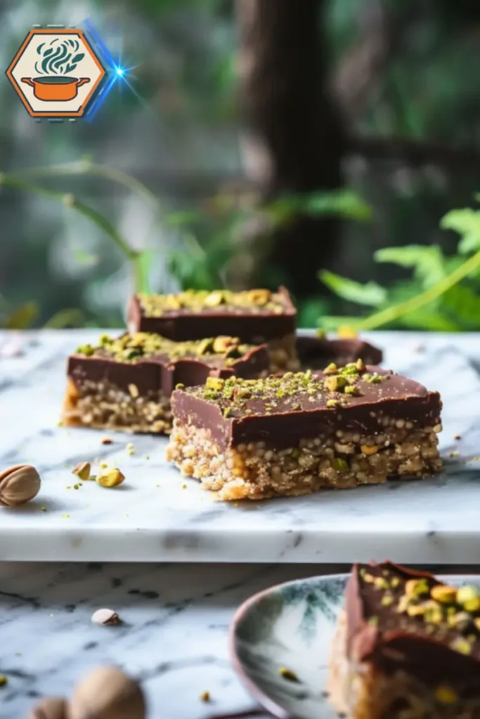 Gluten-free Pistachio Kunafa Chocolate Bar combining health-conscious ingredients with the rich taste of pistachio and chocolate. Gluten-free Pistachio Kunafa Chocolate Bars displayed in a clean setting, highlighting a healthier version of the traditional dessert with crushed pistachios and rich chocolate layers.