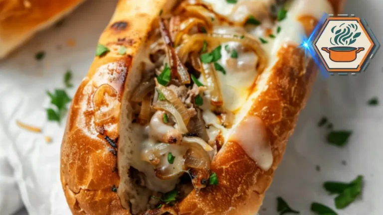 Chicken Philly Cheesesteak Recipe That Melts in Your Mouth 3 A juicy Chicken Philly Cheesesteak sandwich filled with tender chicken, melted cheese, and sautéed onions, served on a white hoagie roll.