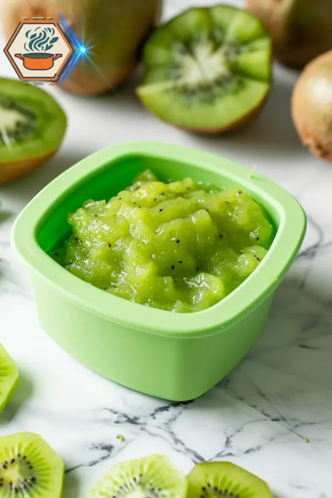 Strained kiwi puree served for babies — a healthy and nutritious use of kiwi puree. Healthy baby food setup with strained kiwi puree in a small bowl, surrounded by fresh kiwi slices and feeding utensils.