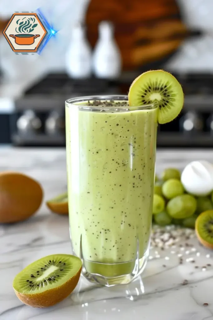 Breakfast protein smoothie with Greek yogurt and kiwi puree topped with fresh kiwi slices. Protein smoothie with kiwi puree and Greek yogurt in a tall glass, topped with fresh kiwi slices on a marble surface.