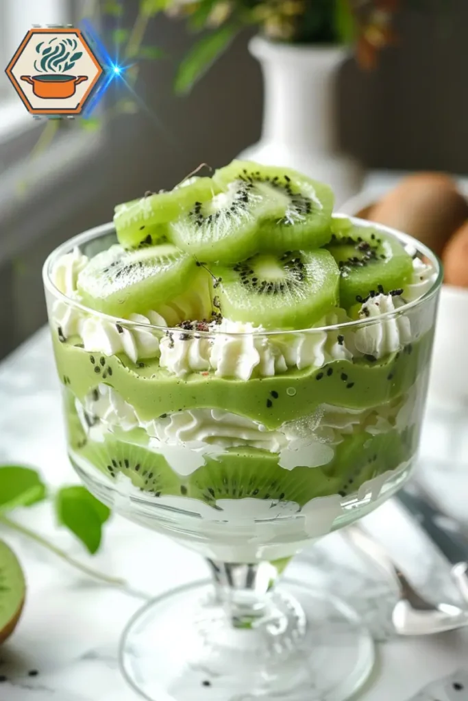 Glass dessert layered with kiwi puree and coconut cream — a creative tropical twist. Glass dessert cup layered with kiwi puree and coconut cream, topped with shredded coconut and fresh kiwi slices.