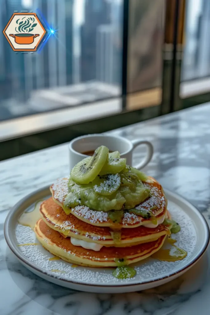 Pancakes topped with kiwi puree and kiwi slices — creative twists with flavors, textures, and pairings. Stack of pancakes on a marble table topped with fresh kiwi puree and kiwi slices, paired with syrup and garnishes.