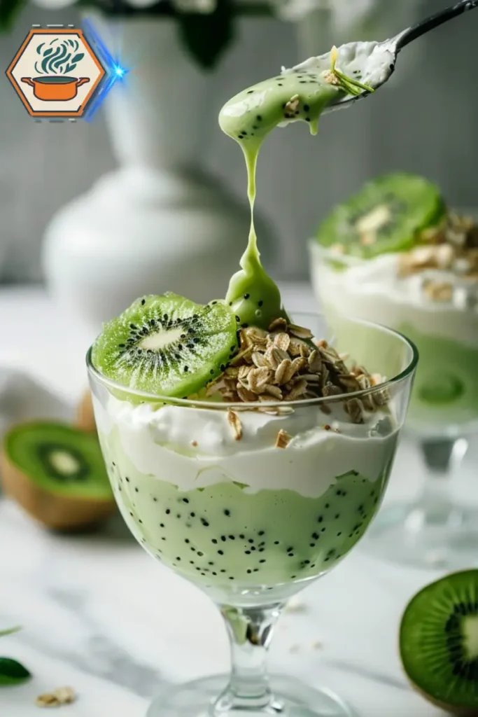 Kiwi puree poured over yogurt parfait with fresh kiwi slices — from orchard to blender for a refreshing treat. Kiwi puree being drizzled over a yogurt parfait in a glass cup, topped with fresh kiwi slices on a wooden tray.