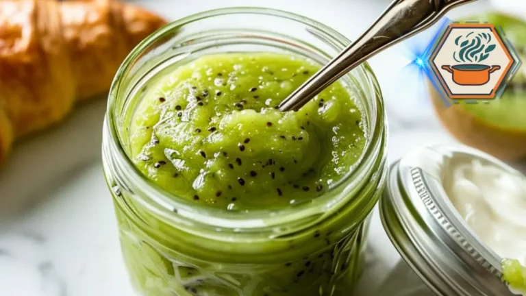 Kiwi Puree: A Smooth, Bright & Useful Base 3 Glass jar of kiwi puree with a spoon beside fresh croissants and sliced kiwi on a wooden board.