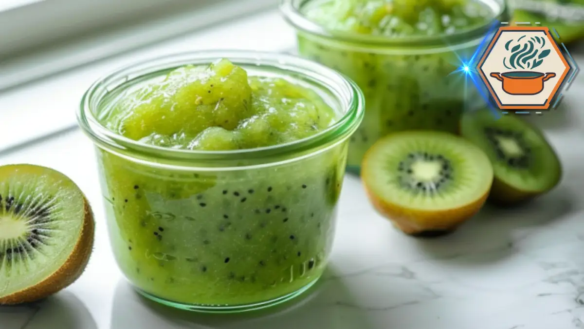 Kiwi Puree: A Smooth, Bright & Useful Base 2 Glass jars filled with fresh kiwi puree on a white surface, showcasing the smooth texture and vibrant green color.