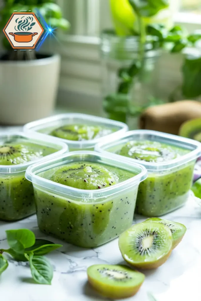 Kiwi puree stored in clear containers — practical real-life uses and smart storage solutions. Kiwi puree stored in clear containers neatly arranged on a kitchen counter for easy use and smart storage.