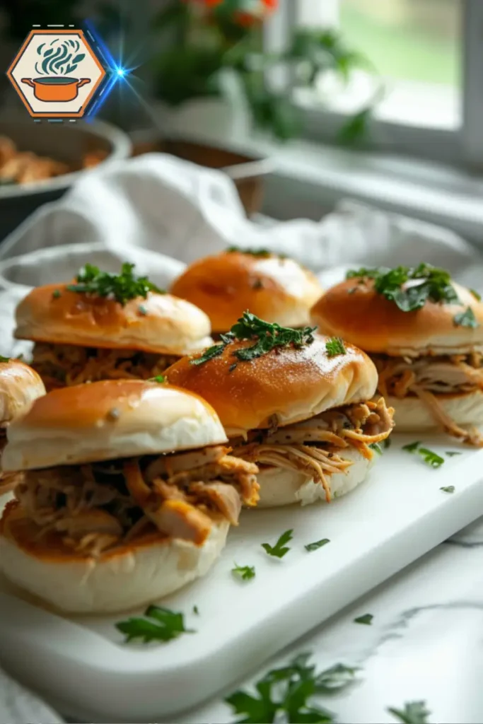 Mini Chicken Philly Cheesesteak sliders with melted cheese and onions – perfect for events, parties, and casual get-togethers. Mini Chicken Philly Cheesesteak sliders served on a white tray, filled with seasoned chicken, melted cheese, and sautéed onions in soft slider buns.