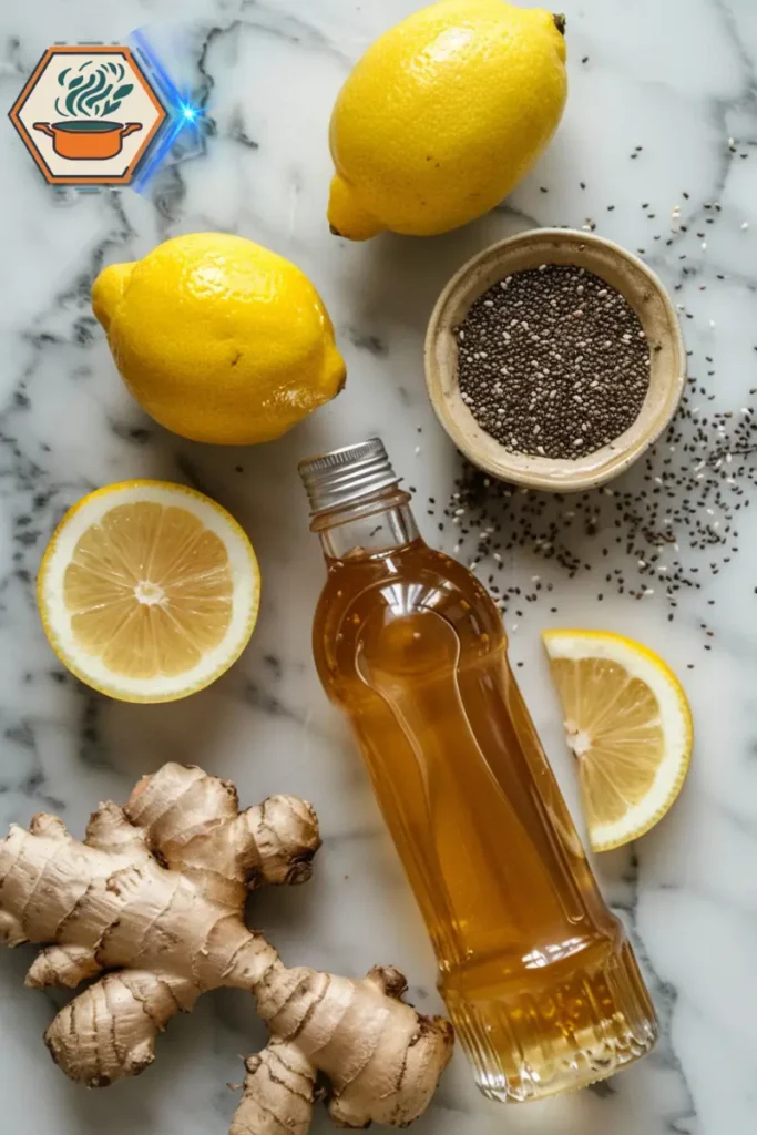 Discover the essential ingredients of a natural zepbound recipe, including apple cider vinegar and lemon, for a refreshing wellness drink. Close-up of ingredients for a natural zepbound recipe, including a bottle of apple cider vinegar, fresh lemon halves, and a clean wellness-focused presentation.
