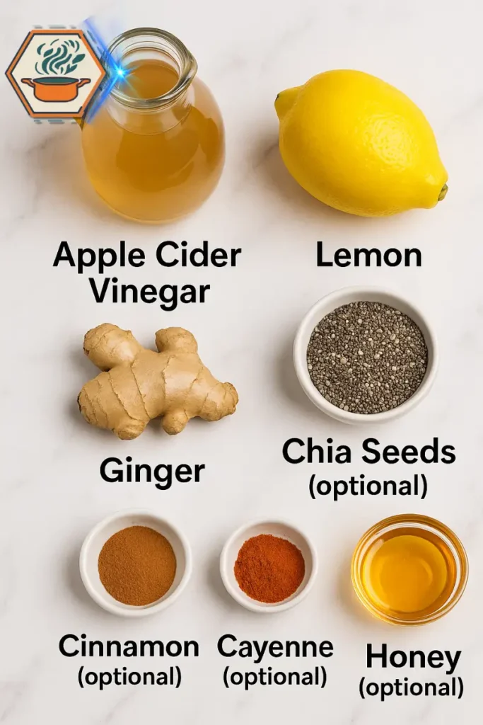Explore how each ingredient in this natural zepbound recipe—like ginger, ACV, and lemon—supports digestion, metabolism, and hydration. Flat lay of natural zepbound recipe ingredients including apple cider vinegar, lemon, ginger, chia seeds, cinnamon, cayenne, and honey—each offering benefits for digestion, metabolism, and hydration.