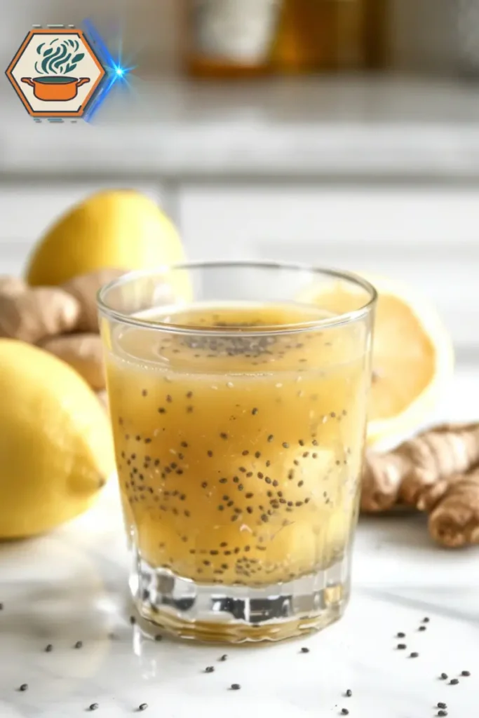 Final step of the natural zepbound recipe—chia-infused wellness drink, ready to sip after stirring and resting. A glass of natural zepbound recipe featuring chia seeds suspended in lemon and apple cider vinegar mixture, capturing the transformation process from stirring to sipping.
