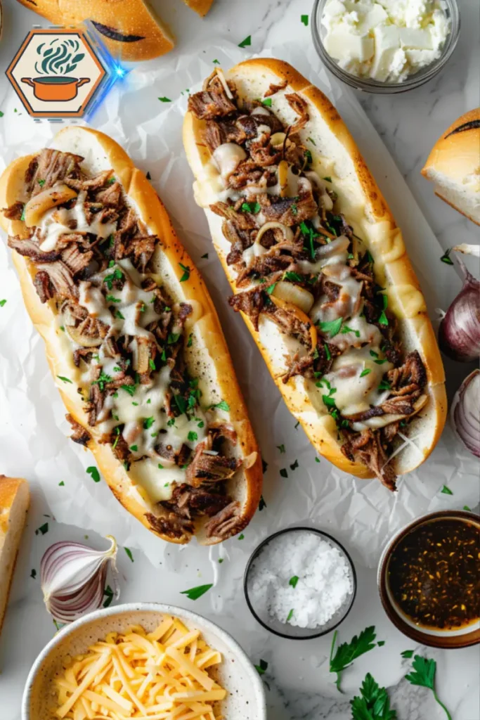 Explore the essential ingredients that make a Philly cheesesteak authentic, from ribeye to hoagie rolls. Top view of philly cheesesteak ingredients on a white marble surface, including ribeye steak, cheese, hoagie rolls, onions, and green peppers.