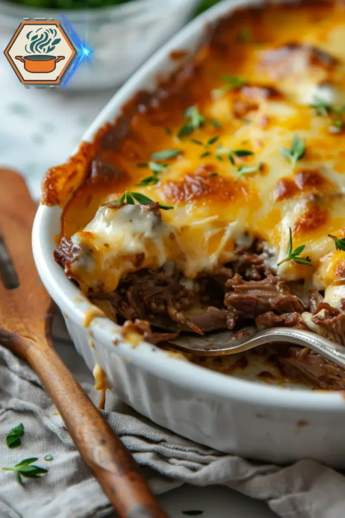 Philly cheesesteak casserole slice close-up — tips on common mistakes and simple fixes for the best results. Close-up of a slice of Philly cheesesteak casserole served on a white plate, showing layers of beef, peppers, onions, and melted cheese.