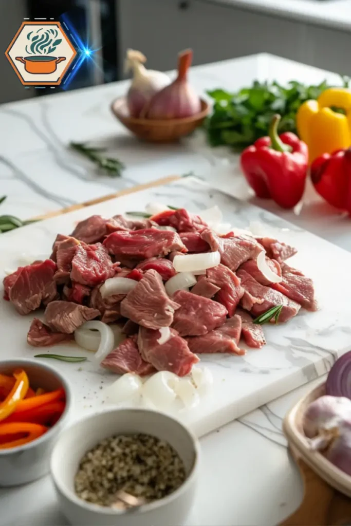 Prep scene for Philly cheesesteak casserole with beef, peppers, onions, and cheese ready to assemble before baking. Prep scene for Philly cheesesteak casserole on a kitchen counter with sliced beef, peppers, onions, cheese, and seasonings ready to assemble.