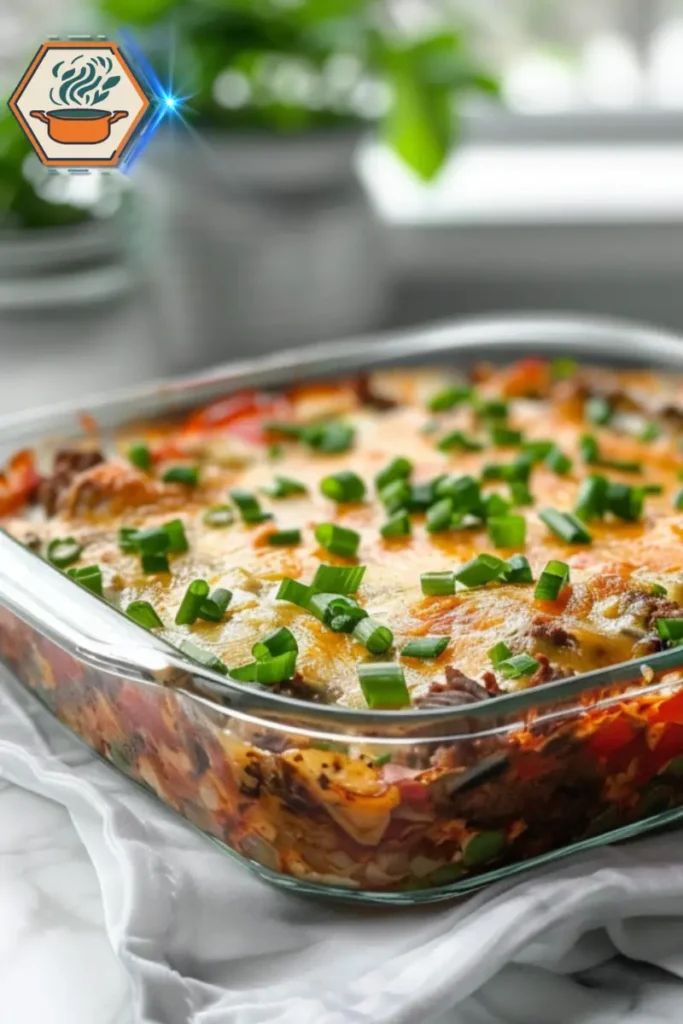 Philly cheesesteak casserole ready to bake — with tips for serving, storing, and meal prepping this classic dish. Philly cheesesteak casserole just before baking, topped with cheese, beef, peppers, and onions in a white dish.