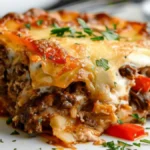 Side view of a slice of Philly cheesesteak casserole on a white plate, with layers of beef, peppers, onions, and melted cheese.