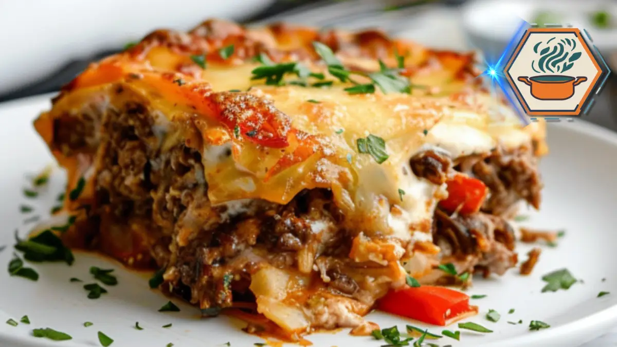 Side view of a slice of Philly cheesesteak casserole on a white plate, with layers of beef, peppers, onions, and melted cheese.