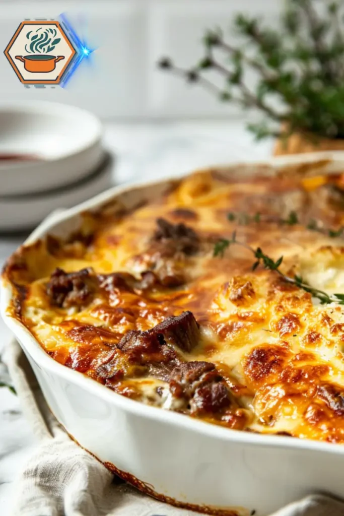 Bubbling Philly cheesesteak casserole with cheese, beef, peppers, and onions — ideal for enhancements and creative variations. Close-up of bubbling Philly cheesesteak casserole with melted cheese, beef, peppers, and onions, hot from the oven.