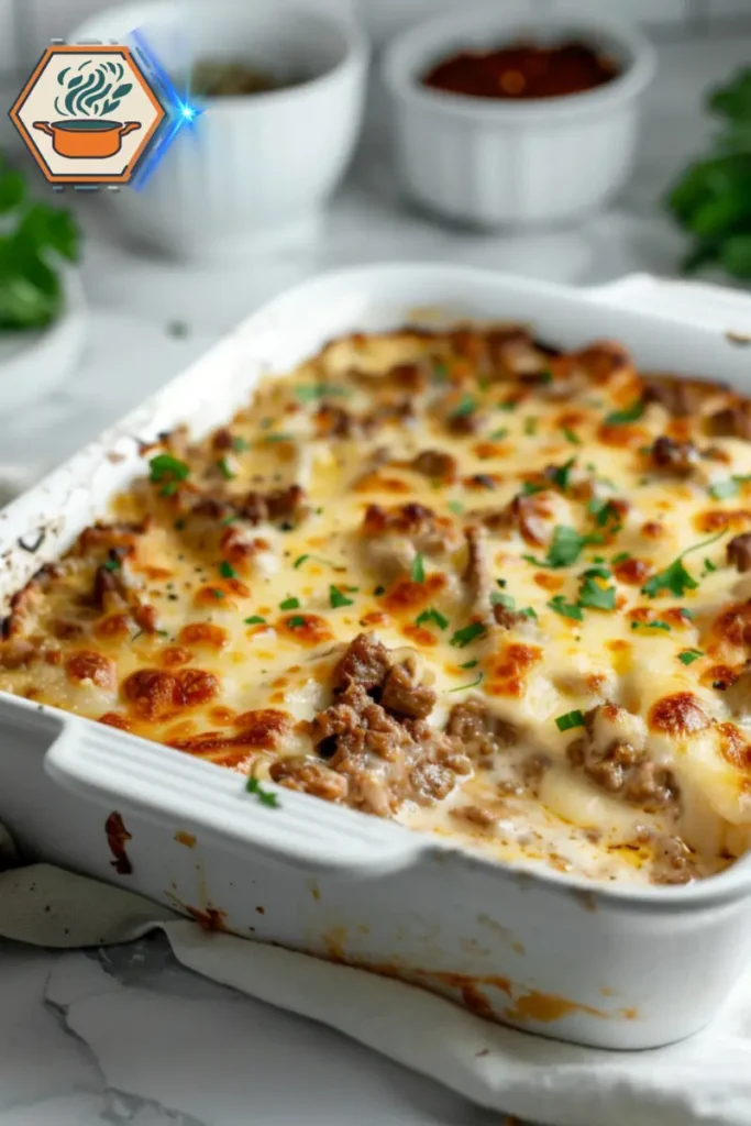 Philly cheesesteak casserole served hot with beef, peppers, onions, and melted cheese — a delicious twist on the classic sandwich. Philly cheesesteak casserole served hot in a white baking dish, featuring melted cheese, tender beef, peppers, and onions.