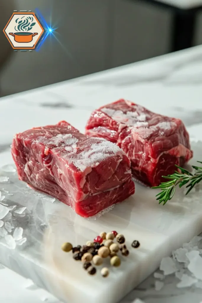 Learn why partially freezing beef makes slicing easier and improves the texture of your Philly cheesesteak. Close-up of frozen beef on a cutting board, ready to be thinly sliced for making an authentic Philly cheesesteak.