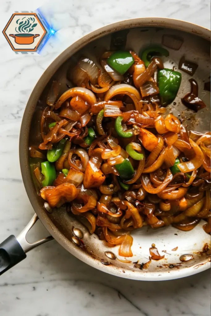Sautéed onions and green peppers—classic toppings that elevate any Philly cheesesteak with flavor and texture. Sautéed onions and green peppers sizzling in a pan—essential toppings for an authentic Philly cheesesteak sandwich.