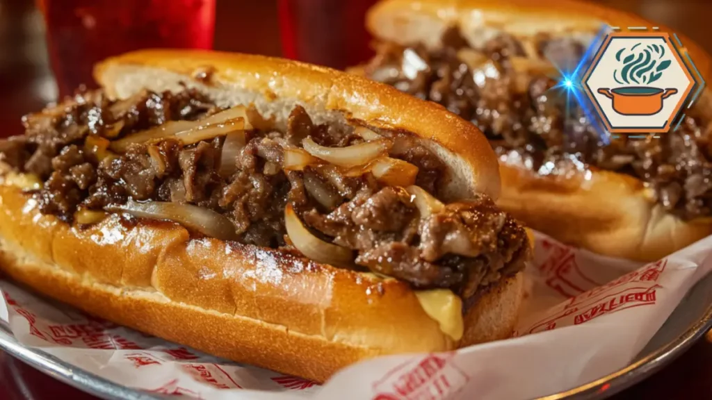 Lifestyle shot of Philly cheesesteaks served on a dining table with fries and condiments, representing the full experience of enjoying a classic Philly cheesesteak.