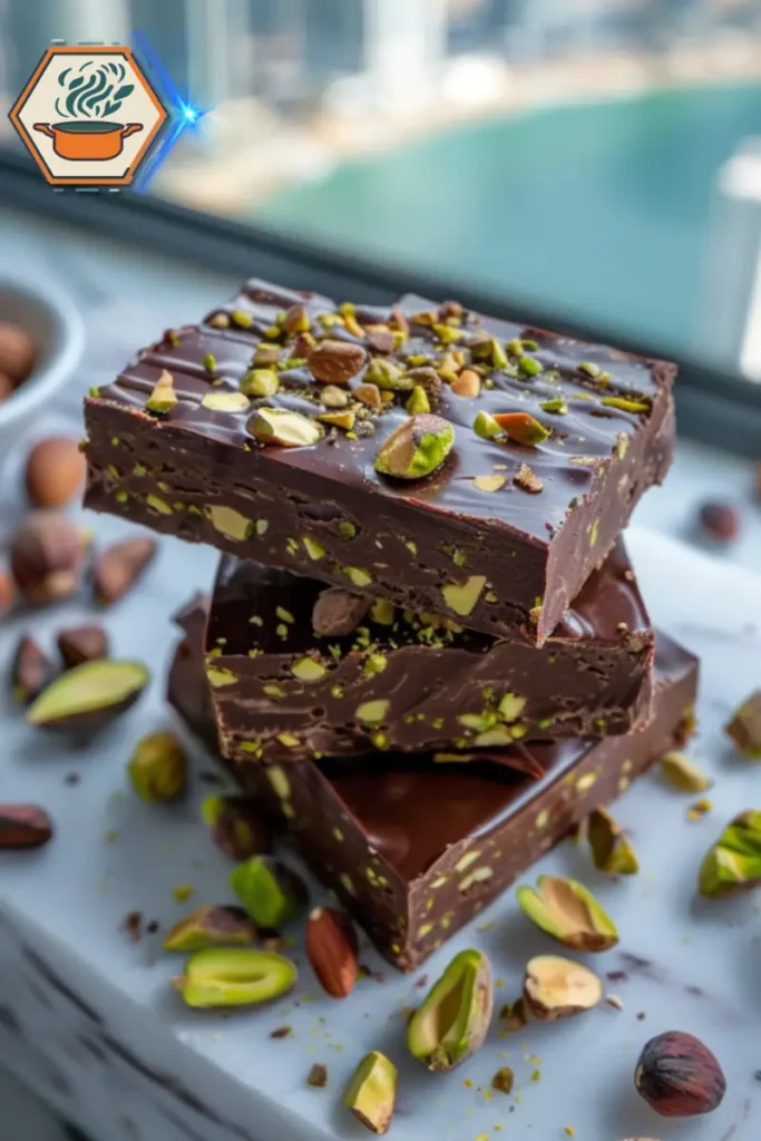 Overhead view of a Pistachio Kunafa Chocolate Bar combining crispy kunafa, rich chocolate, and pistachios for a decadent dessert experience. An overhead shot of a Pistachio Kunafa Chocolate Bar, featuring layers of crispy kunafa, rich chocolate, and crushed pistachios, artfully presented.