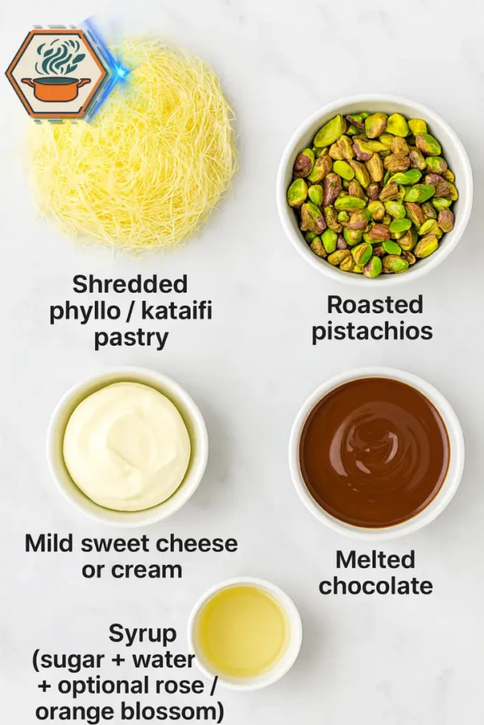 Ingredients for pistachio kunafa chocolate bar — kataifi pastry, pistachios, chocolate, cream, and syrup. Ingredients for pistachio kunafa chocolate bar including shredded kataifi pastry, roasted pistachios, mild sweet cheese or cream, melted chocolate, and syrup.