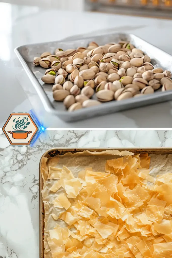 Whole pistachios and kunafa pastry sheets prepared for the making of Pistachio Kunafa Chocolate Bars. Image showing raw pistachios on a baking tray and shredded kunafa pastry sheets, illustrating the preparation steps for a Pistachio Kunafa Chocolate Bar.