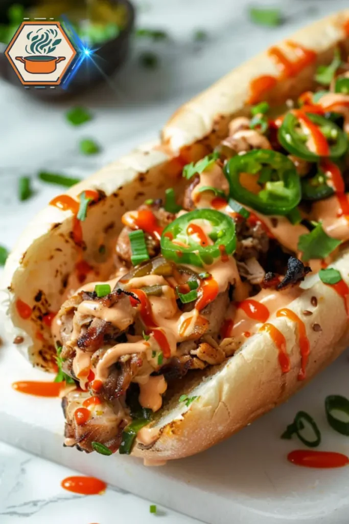 Spicy Chicken Philly Cheesesteak with melted cheese, jalapeños, and sautéed onions served on a fresh hoagie roll. A spicy Chicken Philly Cheesesteak loaded with tender chicken, melted cheese, jalapeños, and sautéed onions, served on a hoagie roll.