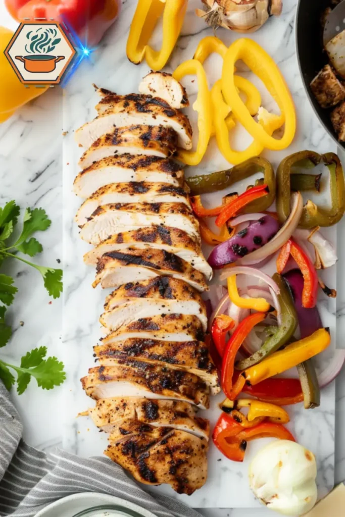 Step-by-step Chicken Philly Cheesesteak ingredients and preparation layout on a white marble surface. Step-by-step cooking layout for Chicken Philly Cheesesteak on a white marble countertop, showing ingredients like chicken, onions, cheese, and hoagie rolls.