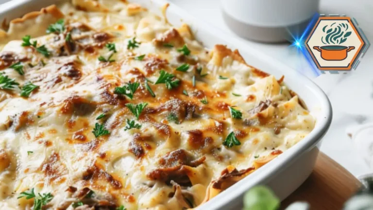 Philly Cheesesteak Casserole: Easy, Cheesy & Flavor-Packed 3 Philly cheesesteak casserole in progress on a brown countertop, with layers of beef, peppers, onions, and cheese before baking.
