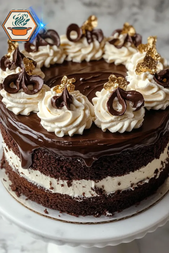 Low-angle view of a Dark Silk Chocolate Cake slice with glossy frosting and rich layers, reflecting its magical homemade appeal. Low-angle amateur photo of a Dark Silk Chocolate Cake slice on a rustic plate, highlighting its rich chocolate layers and glossy frosting in natural light.