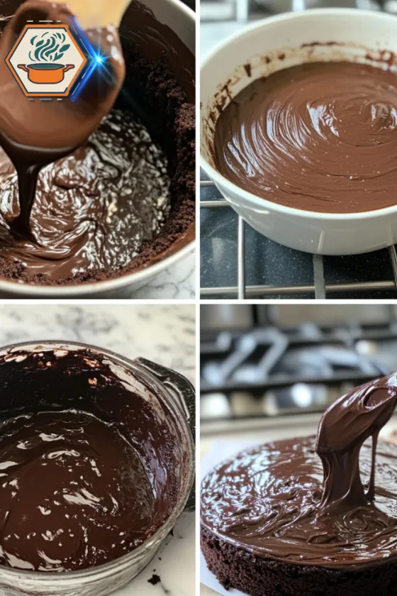 Four-panel kitchen collage showing step-by-step preparation of Dark Silk Chocolate Cake — from batter to final frosted cake. Four-panel collage showing step-by-step baking of a Dark Silk Chocolate Cake, from mixing batter to the final frosted cake, in a home kitchen setting.