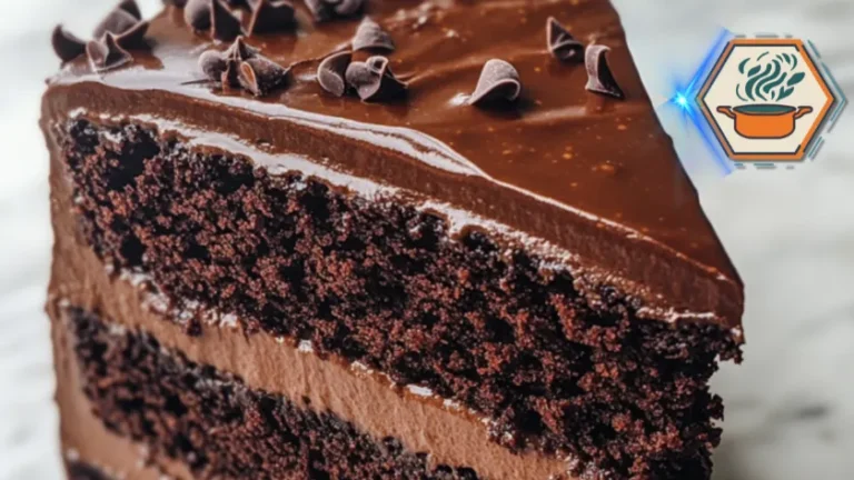 Dark Silk Chocolate Cake Recipe Guide 3 Low side-angle amateur photo of a Dark Silk Chocolate Cake slice on a plate, showing dense chocolate layers and glossy ganache under natural lighting.